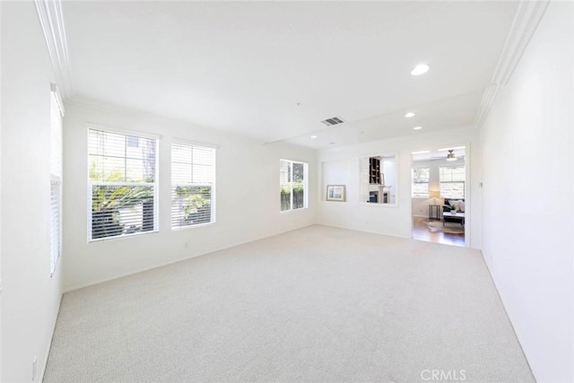 6121 Camino Forestal, San Clemente, CA 92673 - unfurnished living room with ornamental molding, carpet floors, recessed lighting, healthy amount of natural light, and a ceiling fan
