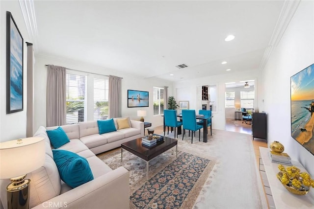 6121 Camino Forestal, San Clemente, CA 92673 - living room with ornamental molding, a ceiling fan, and recessed lighting