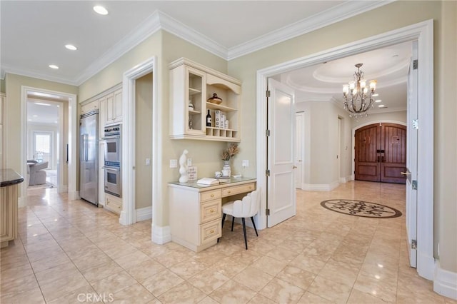 20 Via Del Cielo, Rancho Palos Verdes, CA 90275 - kitchen with appliances with stainless steel finishes, cream cabinets, arched walkways, crown molding, and recessed lighting