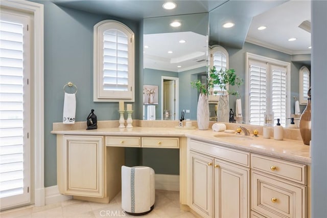 20 Via Del Cielo, Rancho Palos Verdes, CA 90275 - bathroom with vanity, crown molding, tile patterned floors, and recessed lighting