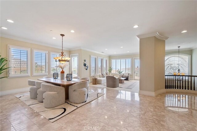 20 Via Del Cielo, Rancho Palos Verdes, CA 90275 - dining room with a chandelier, ornamental molding, baseboards, recessed lighting, and marble finish floors