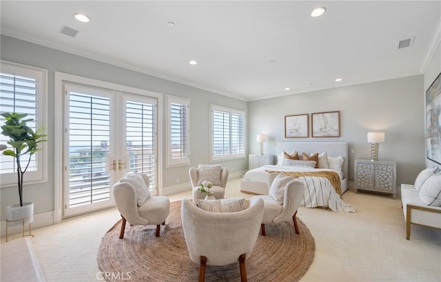 20 Via Del Cielo, Rancho Palos Verdes, CA 90275 - bedroom with light colored carpet, access to exterior, ornamental molding, recessed lighting, and baseboards