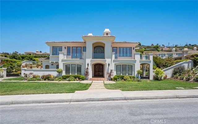 20 Via Del Cielo, Rancho Palos Verdes, CA 90275 - mediterranean / spanish-style house with stucco siding, a chimney, a tile roof, and a balcony