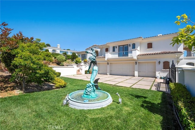 20 Via Del Cielo, Rancho Palos Verdes, CA 90275 - view of front of home with an attached garage, stucco siding, a balcony, a tile roof, and a front yard