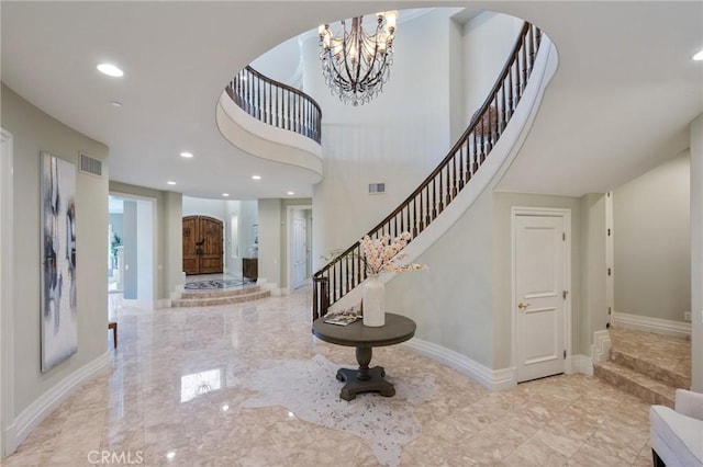 20 Via Del Cielo, Rancho Palos Verdes, CA 90275 - foyer entrance with marble tiled flooring, stairway, a chandelier, recessed lighting, and baseboards