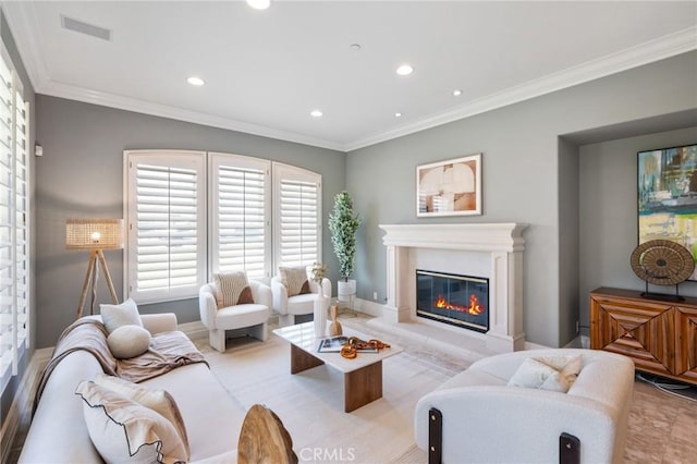 20 Via Del Cielo, Rancho Palos Verdes, CA 90275 - living room with a glass covered fireplace, recessed lighting, and crown molding
