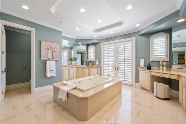 20 Via Del Cielo, Rancho Palos Verdes, CA 90275 - bathroom with a tray ceiling, a jetted tub, plenty of natural light, baseboards, and ornamental molding
