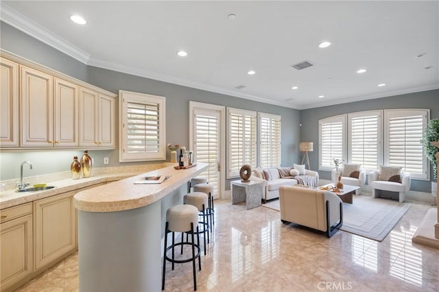 20 Via Del Cielo, Rancho Palos Verdes, CA 90275 - kitchen featuring cream cabinetry, a sink, plenty of natural light, light countertops, and ornamental molding