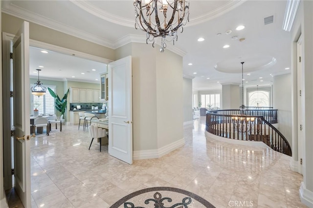 20 Via Del Cielo, Rancho Palos Verdes, CA 90275 - hall with an upstairs landing, a chandelier, crown molding, baseboards, and recessed lighting