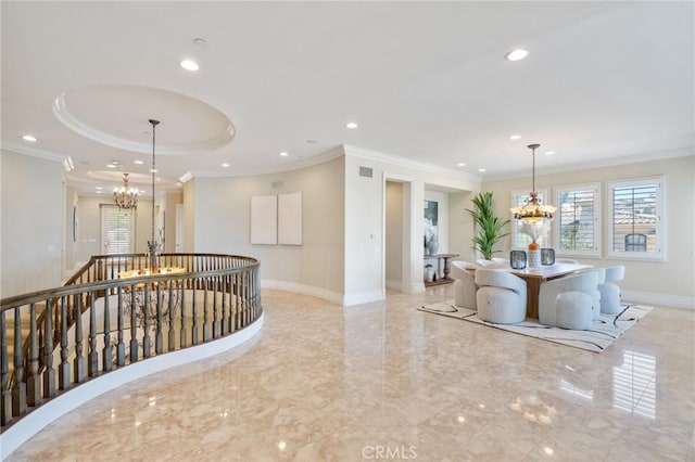20 Via Del Cielo, Rancho Palos Verdes, CA 90275 - hallway with a chandelier, an upstairs landing, ornamental molding, recessed lighting, and marble tiled flooring