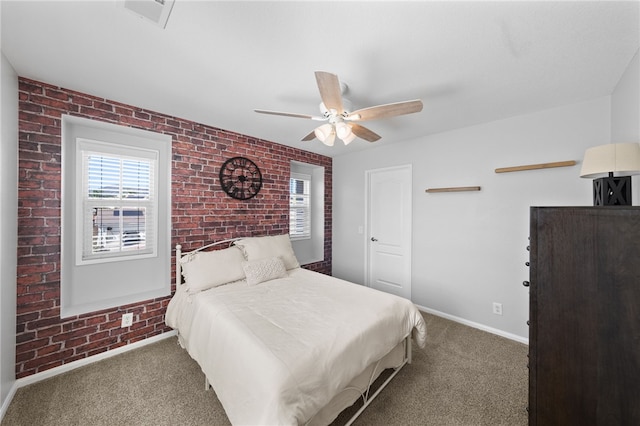 23650 Kathryn St, Murrieta, CA 92562 - bedroom featuring brick wall, carpet flooring, baseboards, and a ceiling fan