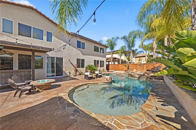 23650 Kathryn St, Murrieta, CA 92562 - view of pool featuring an outdoor fire pit, a fenced backyard, and a patio area