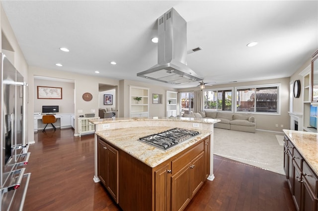 23650 Kathryn St, Murrieta, CA 92562 - kitchen with stainless steel appliances, island exhaust hood, dark wood-style flooring, open floor plan, and recessed lighting