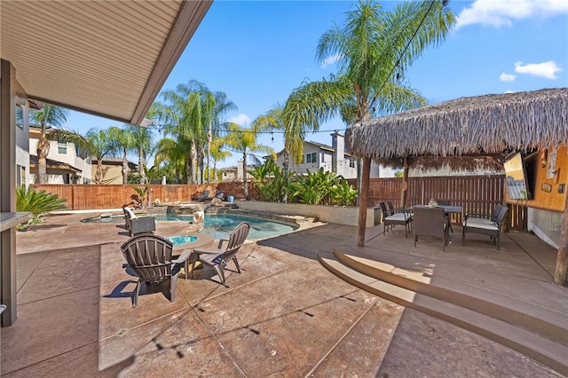 23650 Kathryn St, Murrieta, CA 92562 - fenced backyard with a gazebo, a patio area, outdoor dining area, and a pool with connected hot tub