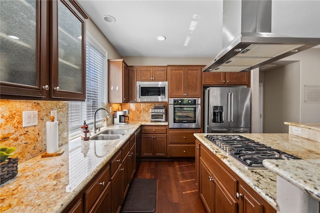 23650 Kathryn St, Murrieta, CA 92562 - kitchen with stainless steel appliances, island exhaust hood, a sink, dark wood-style flooring, and light stone countertops