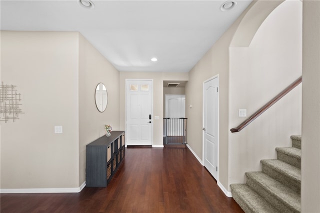 23650 Kathryn St, Murrieta, CA 92562 - entrance foyer featuring baseboards, wood finished floors, stairway, and recessed lighting