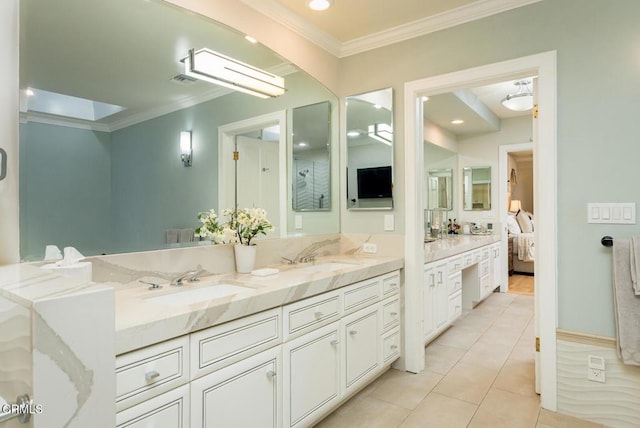 4409 Encinas Dr, La Canada Flintridge, CA 91011 - ensuite bathroom with double vanity, tile patterned flooring, crown molding, and recessed lighting
