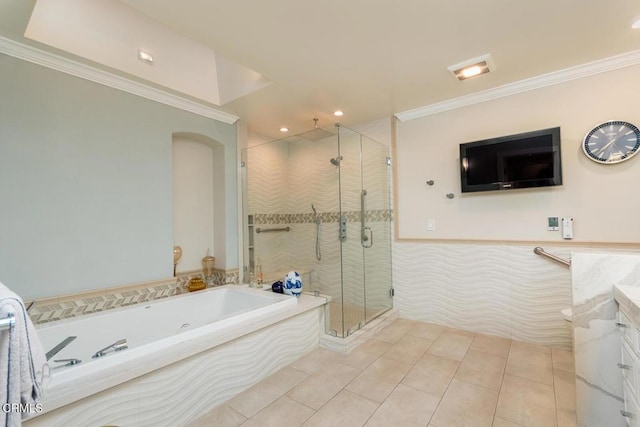 4409 Encinas Dr, La Canada Flintridge, CA 91011 - full bath with crown molding, a garden tub, a stall shower, vanity, and a wainscoted wall
