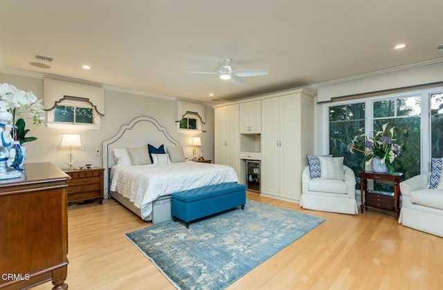 4409 Encinas Dr, La Canada Flintridge, CA 91011 - bedroom featuring crown molding, light wood-type flooring, recessed lighting, and ceiling fan