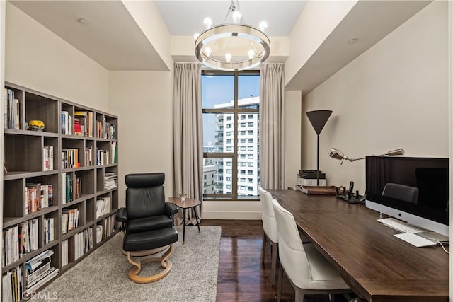 10776 Wilshire Blvd Unit 901, Los Angeles, CA 90024 - office area with a chandelier, dark wood-style floors, and baseboards