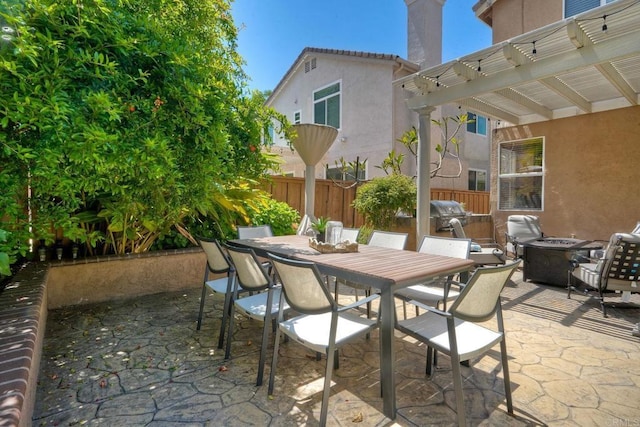 11983 Mountain Pass Rd, San Diego, CA 92128 - view of patio / terrace featuring an outdoor fire pit, a pergola, outdoor dining area, and grilling area