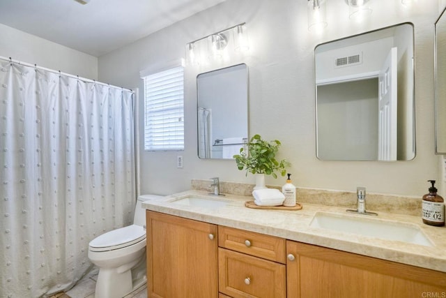 11983 Mountain Pass Rd, San Diego, CA 92128 - full bathroom with double vanity, toilet, a shower with shower curtain, and tile patterned floors