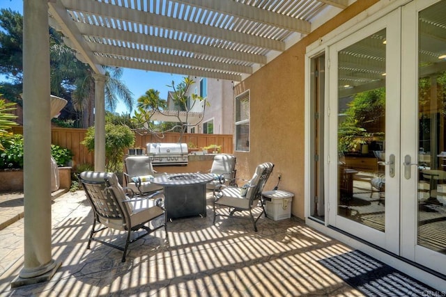 11983 Mountain Pass Rd, San Diego, CA 92128 - view of patio / terrace featuring french doors, a pergola, and a fire pit