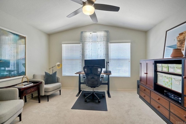 11983 Mountain Pass Rd, San Diego, CA 92128 - home office featuring vaulted ceiling, a ceiling fan, light colored carpet, and baseboards