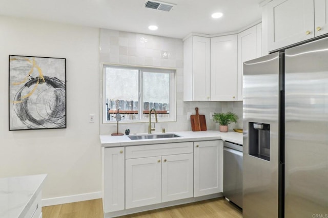 1740 Petra Dr, San Diego, CA 92104 - kitchen with appliances with stainless steel finishes, a sink, light countertops, white cabinetry, and light wood-type flooring