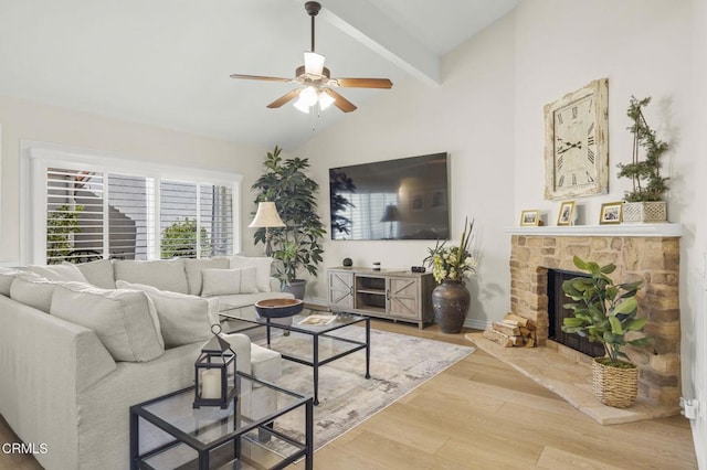 2036 Birchdale Ct, Thousand Oaks, CA 91362 - living room with ceiling fan, wood finished floors, a stone fireplace, and baseboards