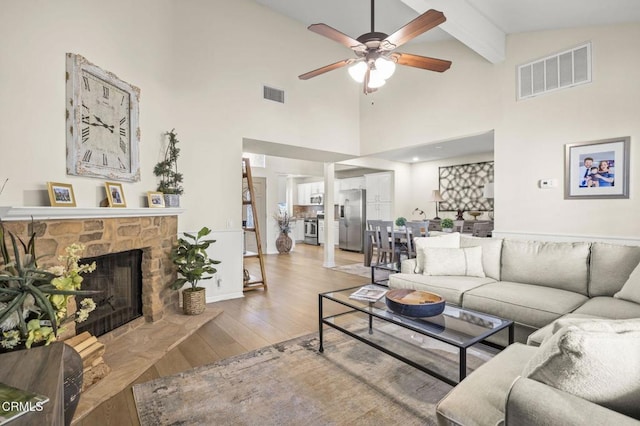 2036 Birchdale Ct, Thousand Oaks, CA 91362 - living room featuring a ceiling fan, wood finished floors, beam ceiling, high vaulted ceiling, and a fireplace