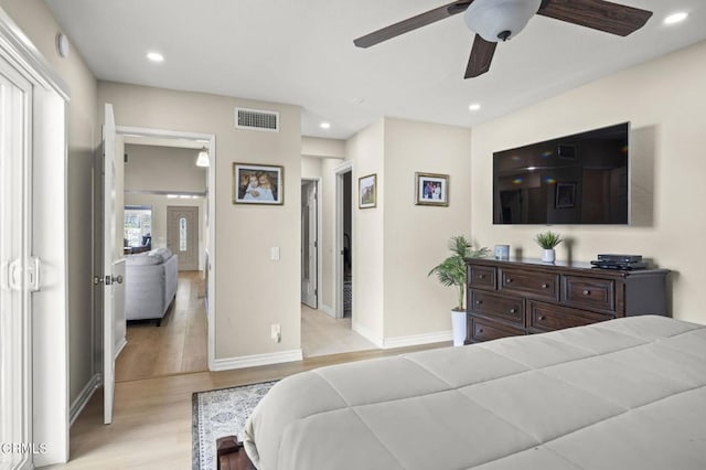 2036 Birchdale Ct, Thousand Oaks, CA 91362 - bedroom with light wood finished floors, baseboards, recessed lighting, and a ceiling fan