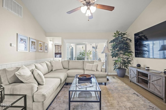 2036 Birchdale Ct, Thousand Oaks, CA 91362 - living room with a ceiling fan, wood finished floors, and high vaulted ceiling