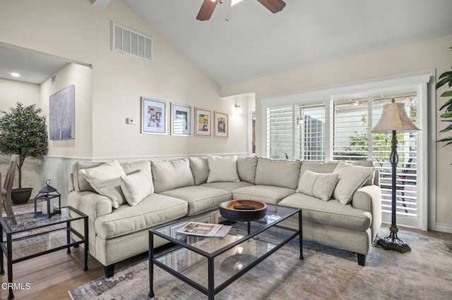 2036 Birchdale Ct, Thousand Oaks, CA 91362 - living room with ceiling fan, high vaulted ceiling, and wood finished floors