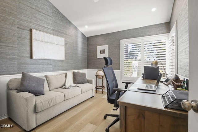 2036 Birchdale Ct, Thousand Oaks, CA 91362 - home office featuring lofted ceiling, wallpapered walls, light wood-style flooring, a wainscoted wall, and recessed lighting