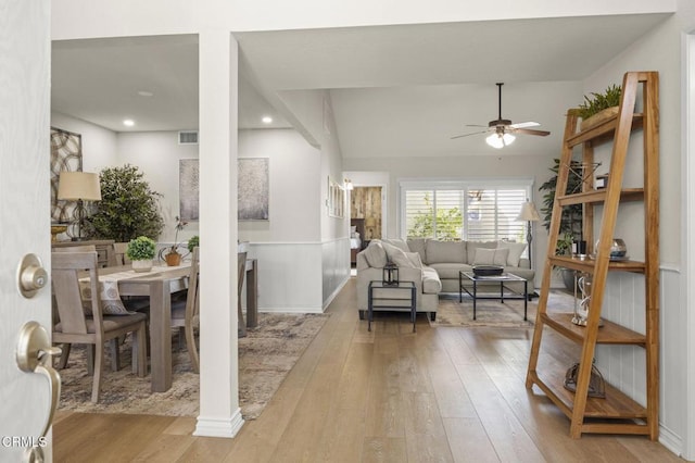 2036 Birchdale Ct, Thousand Oaks, CA 91362 - living room featuring a ceiling fan, hardwood / wood-style flooring, wainscoting, and recessed lighting