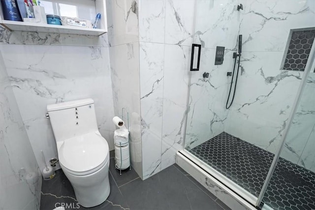 15330 Hart St, Van Nuys, CA 91406 - full bathroom with a marble finish shower, toilet, tile walls, and marble finish floors