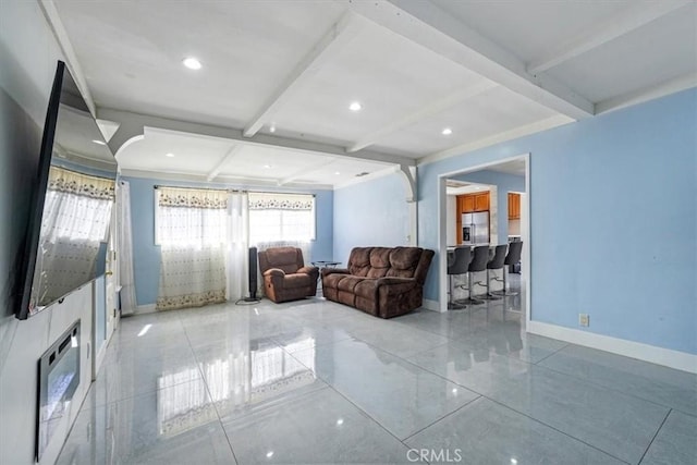 15330 Hart St, Van Nuys, CA 91406 - living room with plenty of natural light, baseboards, beamed ceiling, and recessed lighting