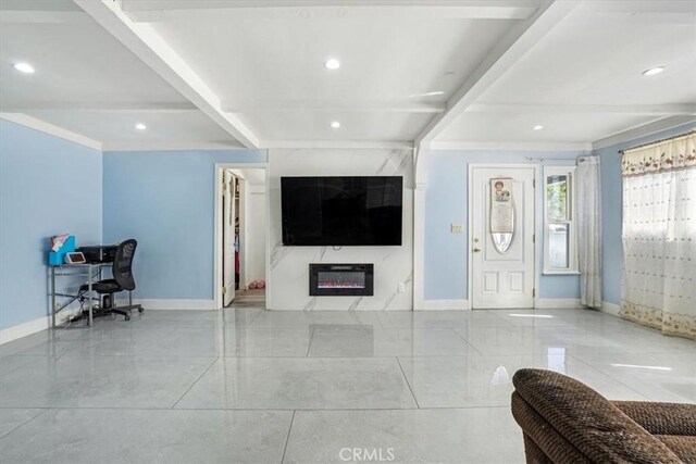 15330 Hart St, Van Nuys, CA 91406 - living room with baseboards, an office area, recessed lighting, and beam ceiling