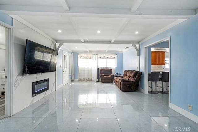 15330 Hart St, Van Nuys, CA 91406 - living room with beamed ceiling, recessed lighting, baseboards, and a fireplace