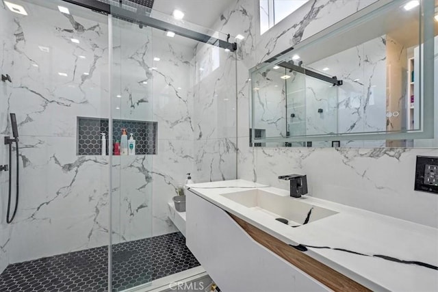 15330 Hart St, Van Nuys, CA 91406 - full bathroom featuring vanity, a marble finish shower, toilet, and tile walls