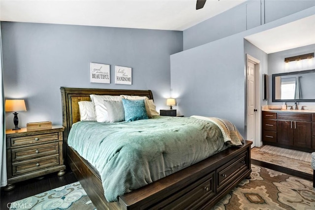 6223 Newhaven Ct, Yorba Linda, CA 92887 - bedroom with a sink, dark wood finished floors, connected bathroom, and a ceiling fan