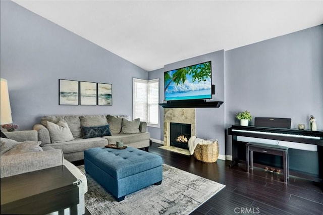 6223 Newhaven Ct, Yorba Linda, CA 92887 - living area with a fireplace, vaulted ceiling, wood finished floors, and baseboards