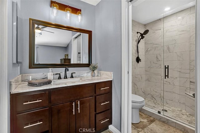6223 Newhaven Ct, Yorba Linda, CA 92887 - bathroom featuring a shower stall, toilet, vanity, and a ceiling fan