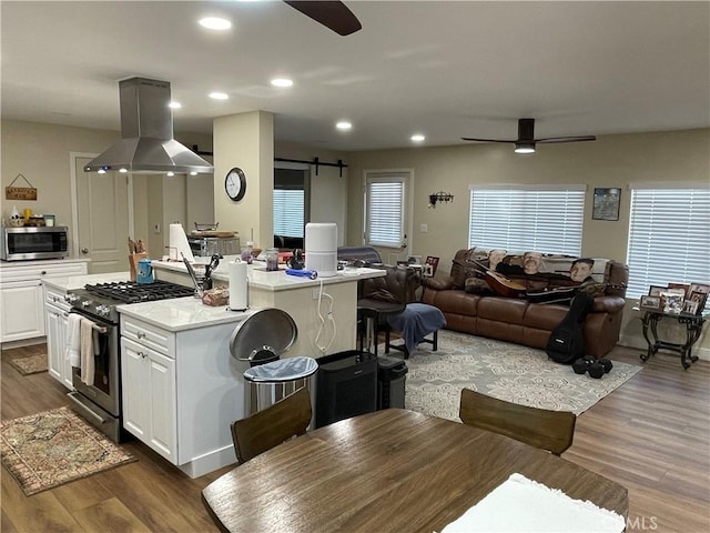 4313 Longview Ln, Paso Robles, CA 93446 - kitchen with stainless steel appliances, ceiling fan, island range hood, white cabinets, and light countertops
