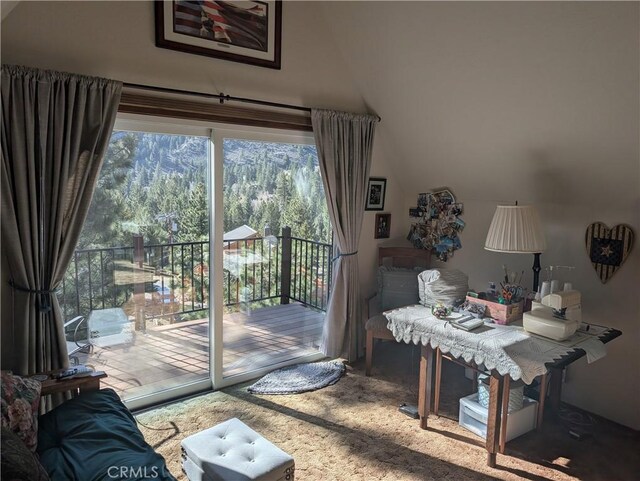 31 Matterhorn Dr, Bridgeport, CA 93517 - doorway to outside with carpet floors and vaulted ceiling