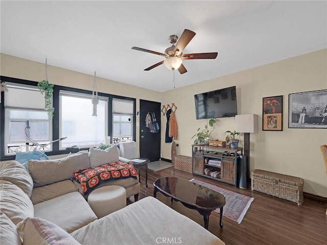 933 E 1st St Unit 7, Long Beach, CA 90802 - living room with a ceiling fan, wood finished floors, and baseboards
