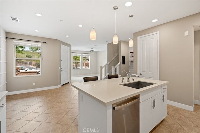 16 Fenix St, Rancho Mission Viejo, CA 92694 - kitchen with a sink, dishwasher, light tile patterned floors, recessed lighting, and hanging light fixtures