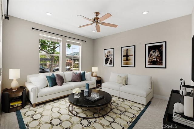 16 Fenix St, Rancho Mission Viejo, CA 92694 - living room with a ceiling fan, recessed lighting, and carpet flooring