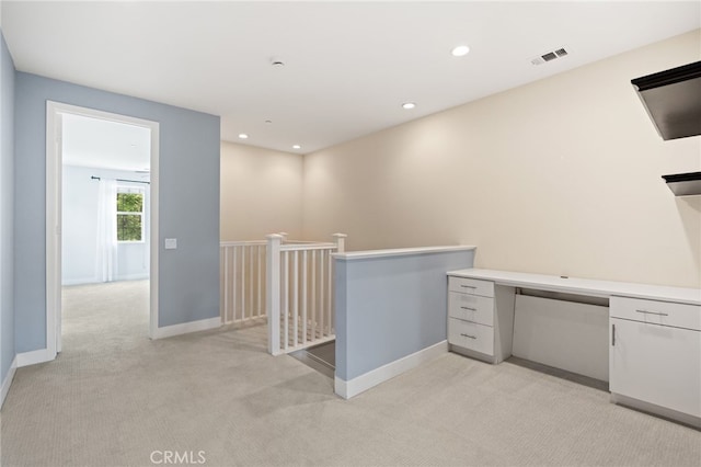 16 Fenix St, Rancho Mission Viejo, CA 92694 - hallway featuring light carpet, baseboards, an office area, recessed lighting, and an upstairs landing